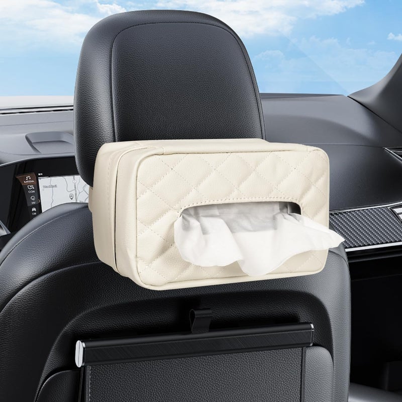 VETERBONE Car Tissue Holder, Standard PU Leather Napkin Organizer for Backseat, Extra Large Fits 120-150 Tissues per Box, 9.84'' x 3.94'' x 5.51'' (Beige) - Image 1